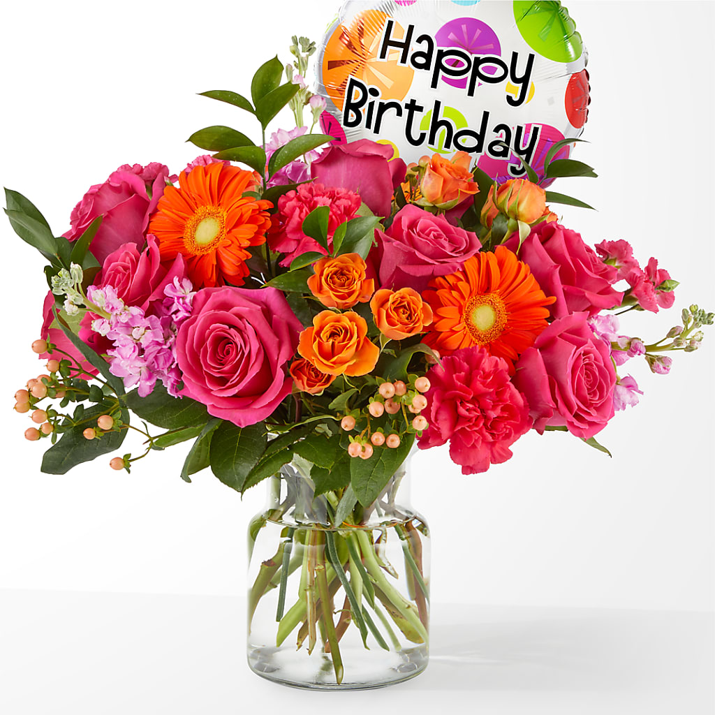 Fiesta Bouquet with Birthday Balloon – PETAL & VINE DESIGN INC, Portage IN